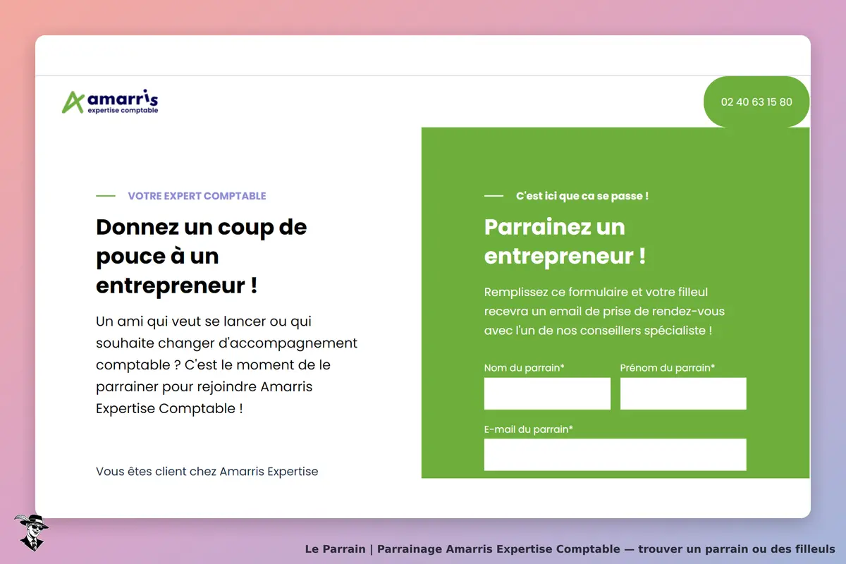 Amarris Expertise Comptable : page d'accueil avec formulaire de parrainage pour entrepreneurs