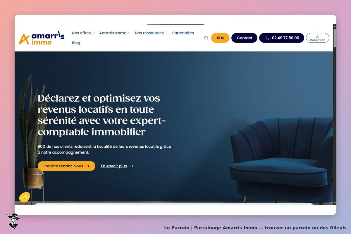 Amarris Immo : page d'accueil avec texte sur l'optimisation des revenus locatifs et un fauteuil