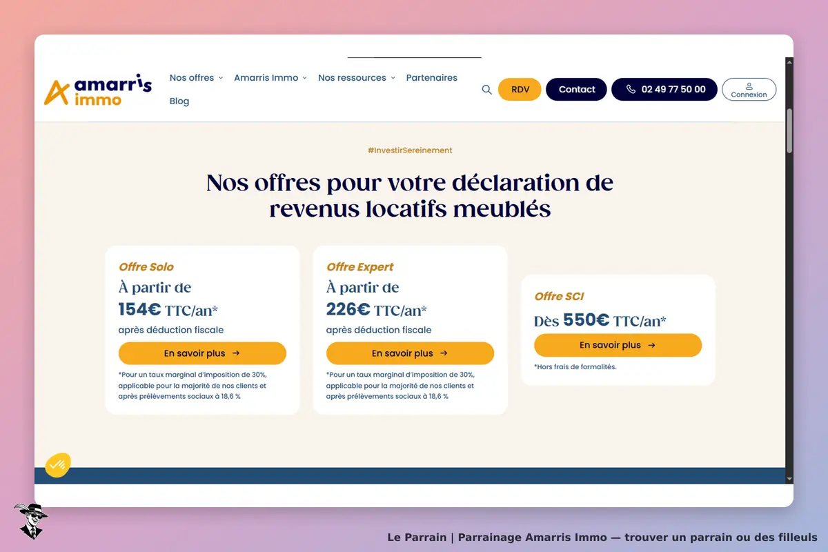 Amarris Immo : page d'accueil présentant trois offres pour déclarations de revenus locatifs
