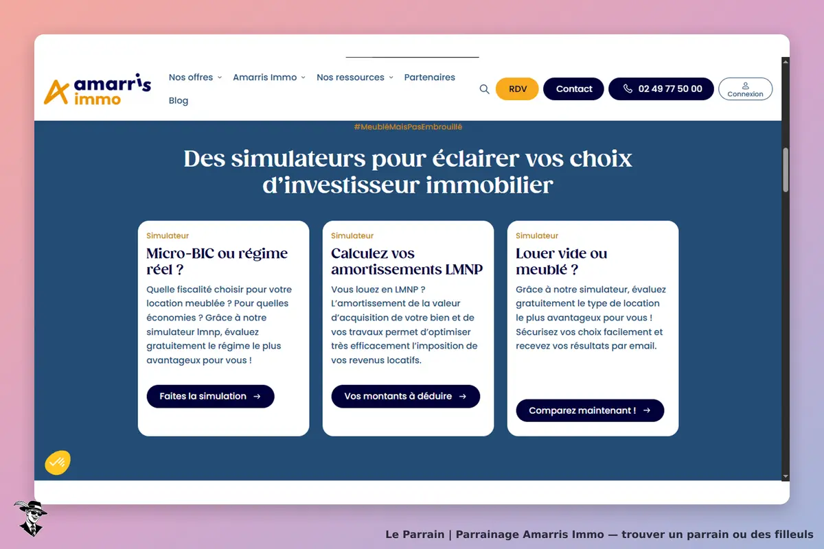 Amarris Immo : page d'accueil avec simulateurs pour investisseurs immobiliers et options