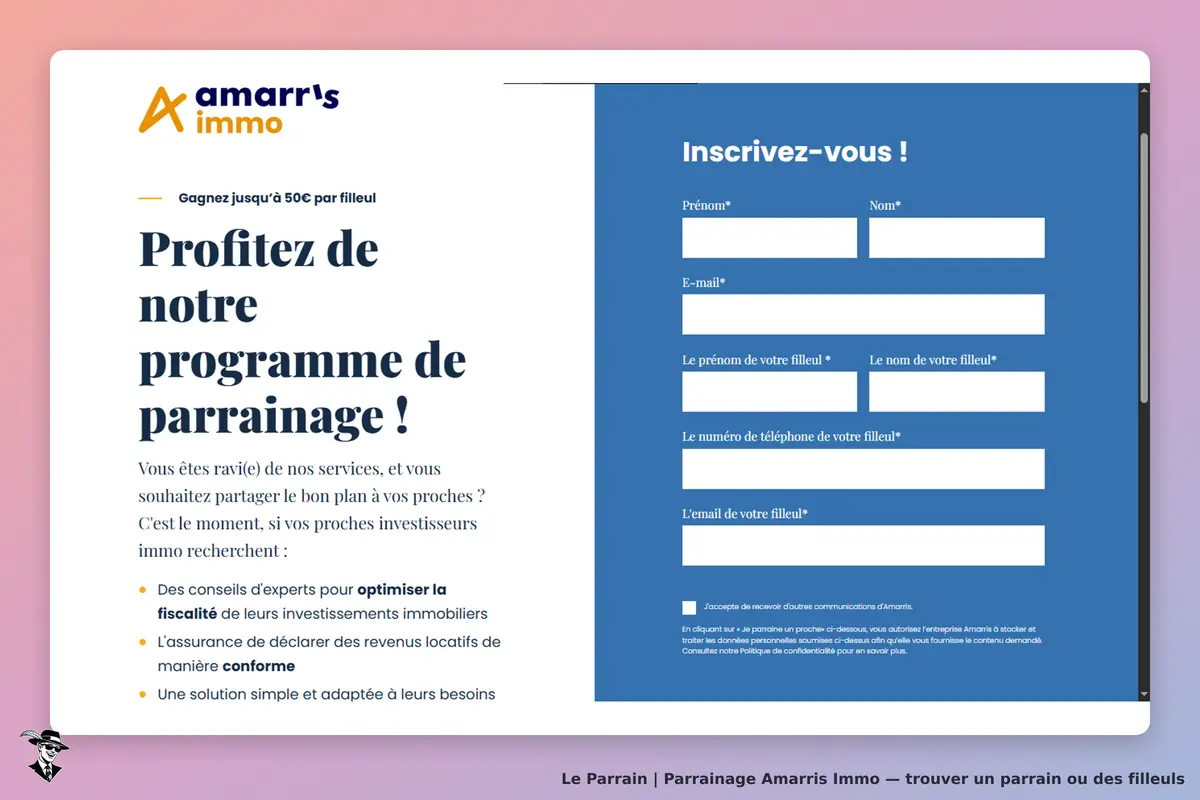 Amarris Immo : page d'accueil avec un formulaire d'inscription pour le programme de parrainage