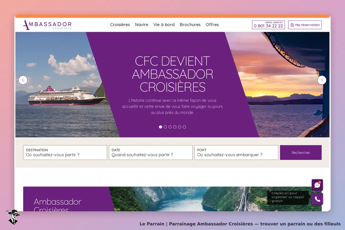Ambassador Croisières : page d'accueil avec un navire en mer et un formulaire de recherche