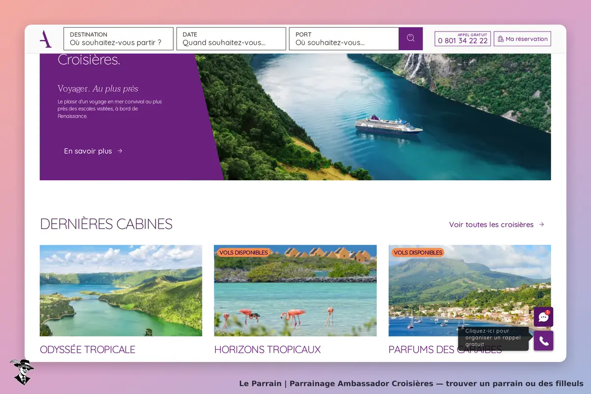 Ambassador Croisières : page d'accueil avec croisière en mer et sections de cabines disponibles