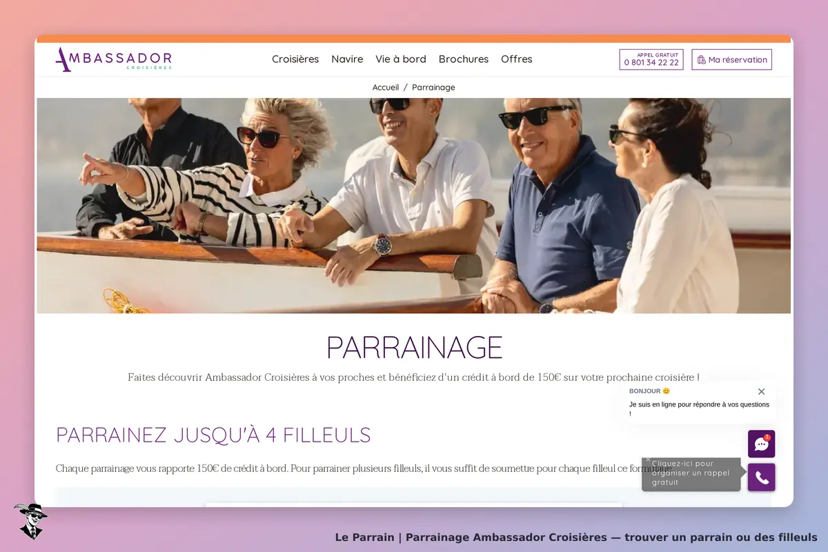 Ambassador Croisières : quatre personnes souriantes sur un bateau, section parrainage visible