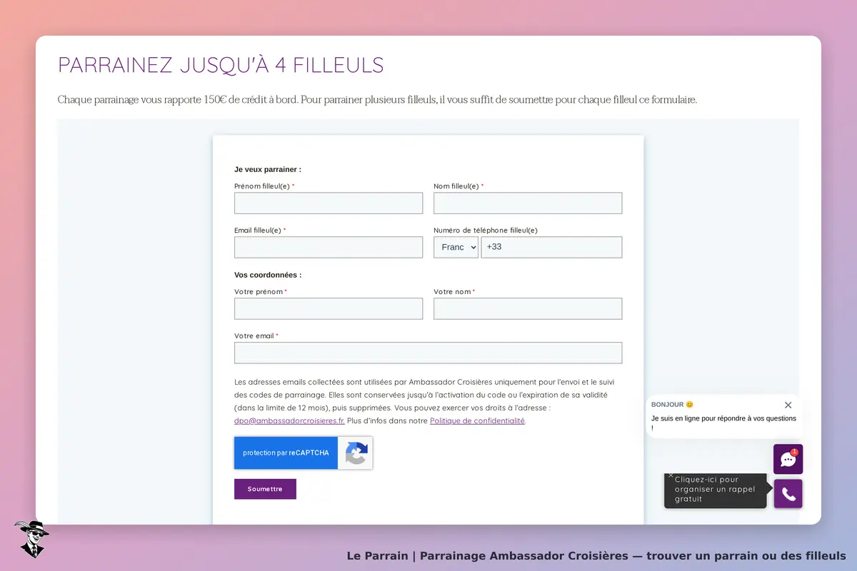 Ambassador Croisières : formulaire de parrainage avec champs à remplir et assistance en ligne