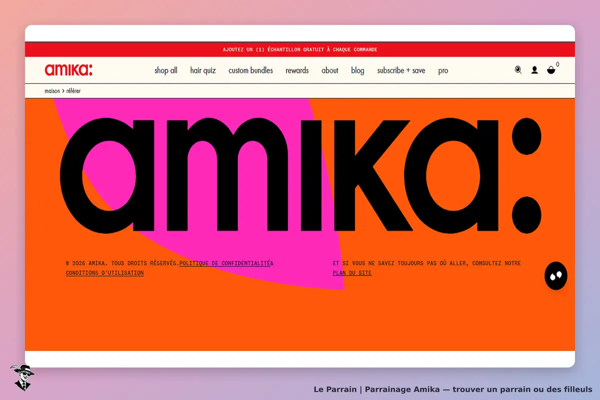 Amika : page d'accueil avec logo coloré et navigation en haut de l'écran