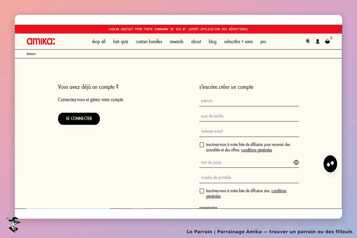 Amika : formulaire de connexion et d'inscription avec champs à remplir et bouton "SE CONNECTER"