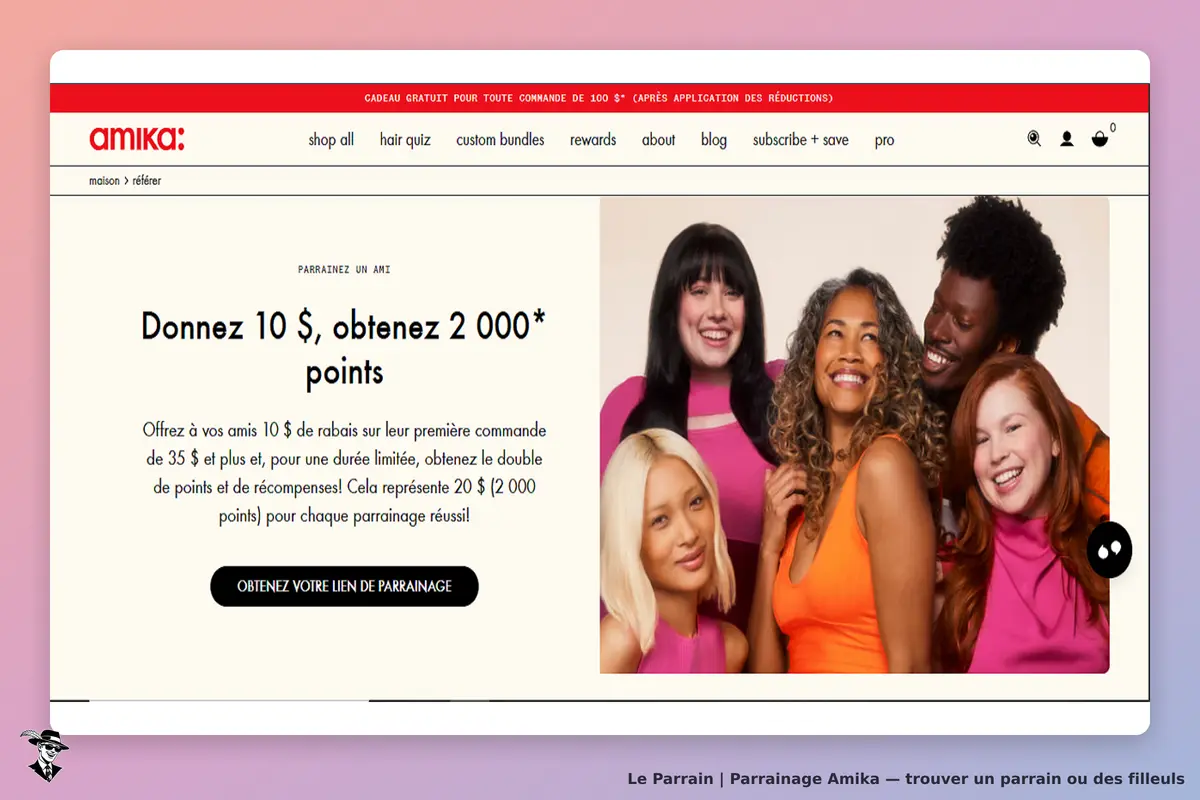 Amika : page de parrainage avec un groupe de personnes souriantes et un texte d'invitation