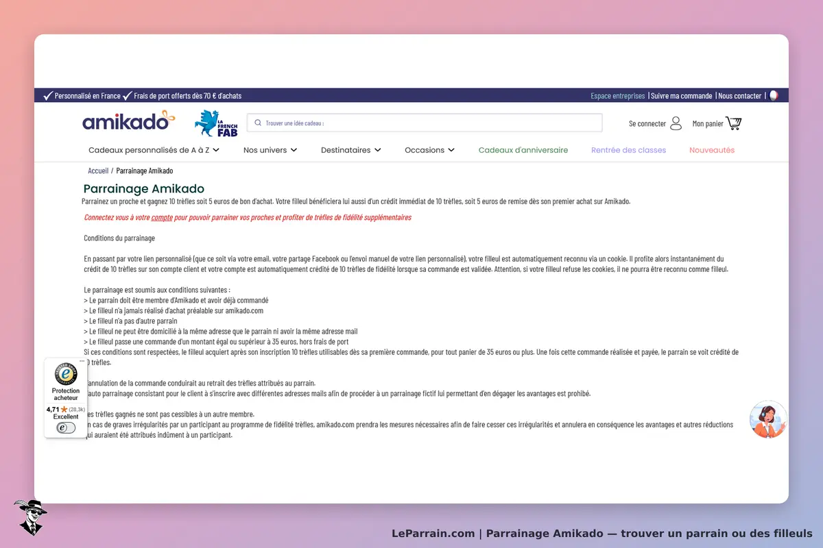 Amikado : page de parrainage avec conditions et informations sur le programme de fidélité