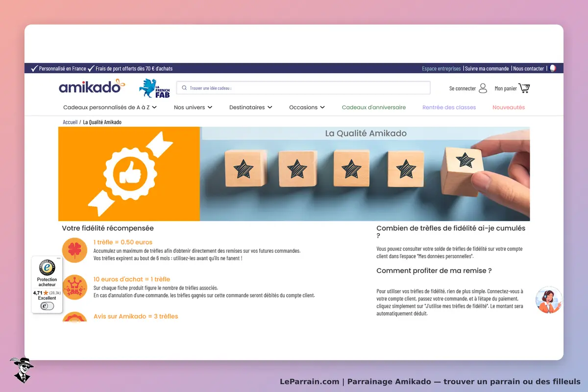 Amikado : page d'accueil avec des blocs en bois et informations sur la fidélité client