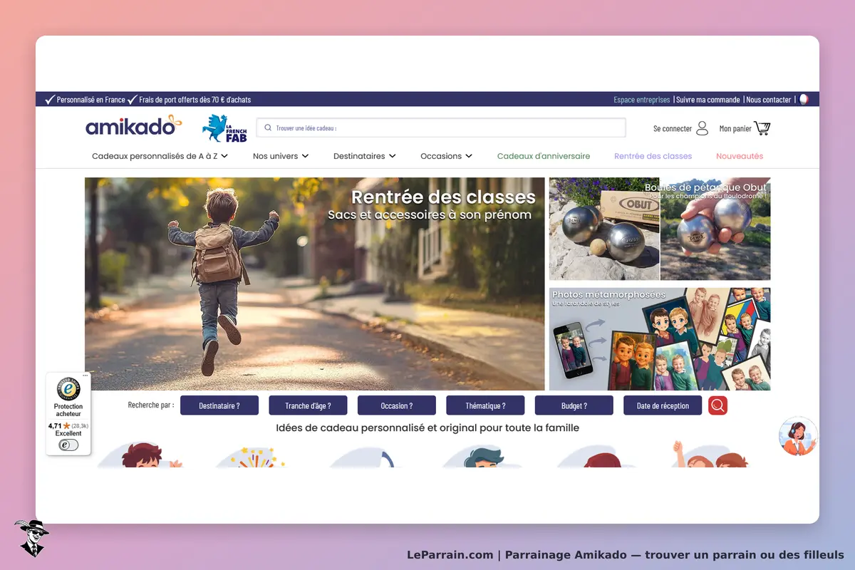 Amikado : page d'accueil avec un enfant portant un sac à dos sur une route, options de recherche