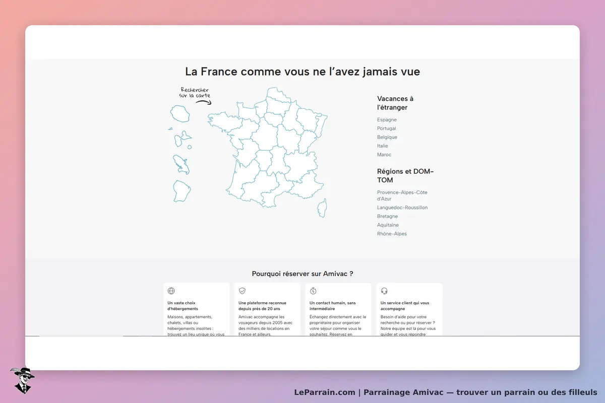 Amivac : carte de France avec options de vacances à l'étranger et régions affichées