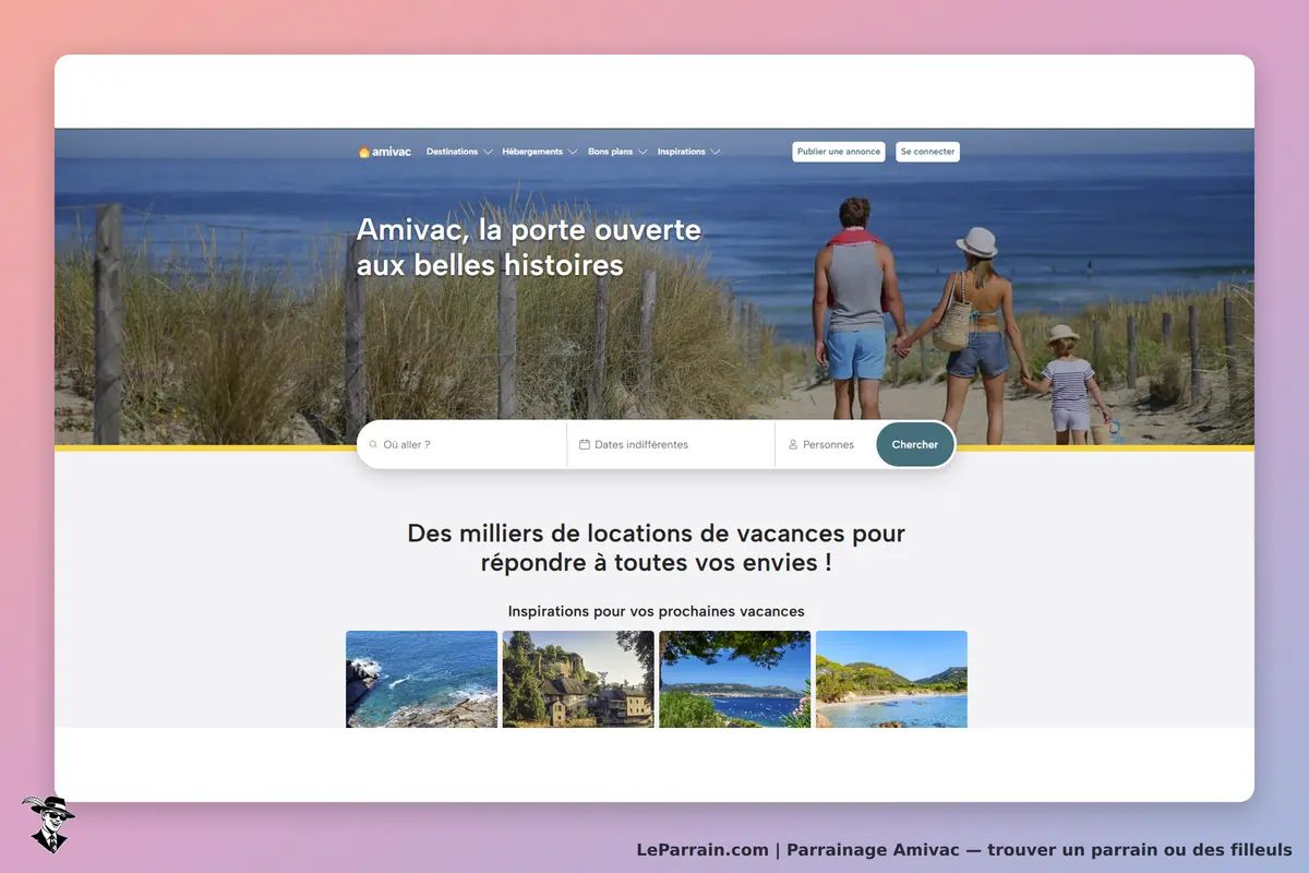 Amivac : page d'accueil avec un formulaire de recherche et des images de destinations de vacances
