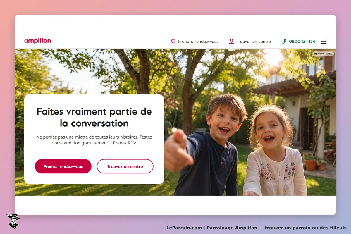 amplifon : page d'accueil avec enfants souriants et options de rendez-vous visibles