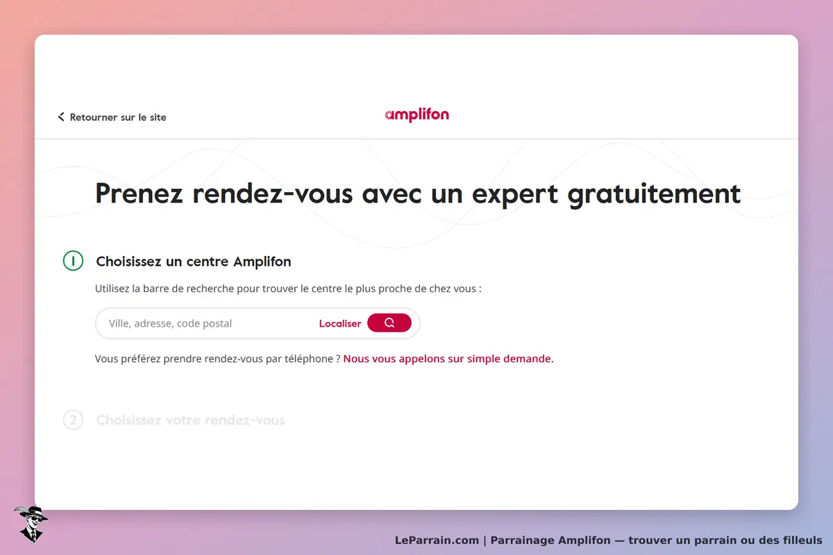 Amplifon : page de prise de rendez-vous avec un expert, recherche d'un centre à proximité