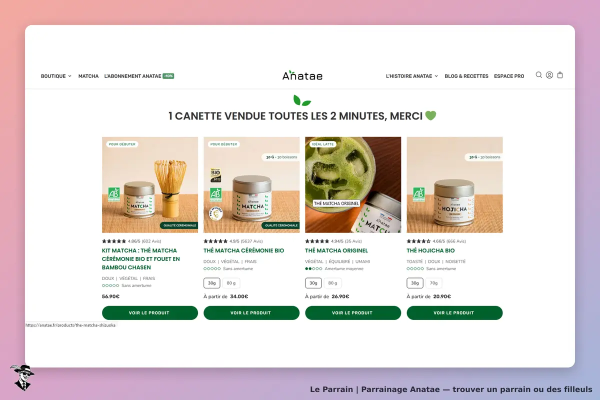 Anatae : page d'accueil avec différents produits de thé matcha et hojicha affichés