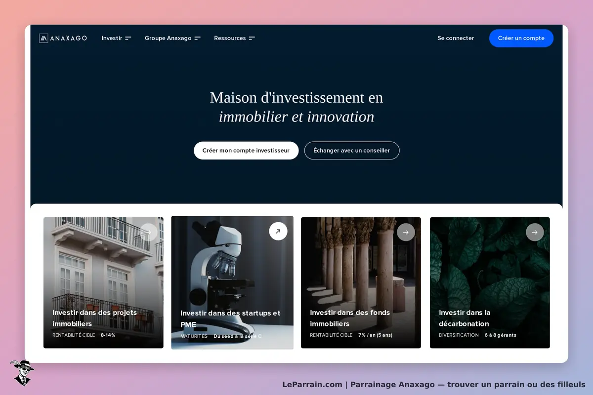 Page d'accueil Anaxago : investissement immobilier et innovation, options d'investissement variées.