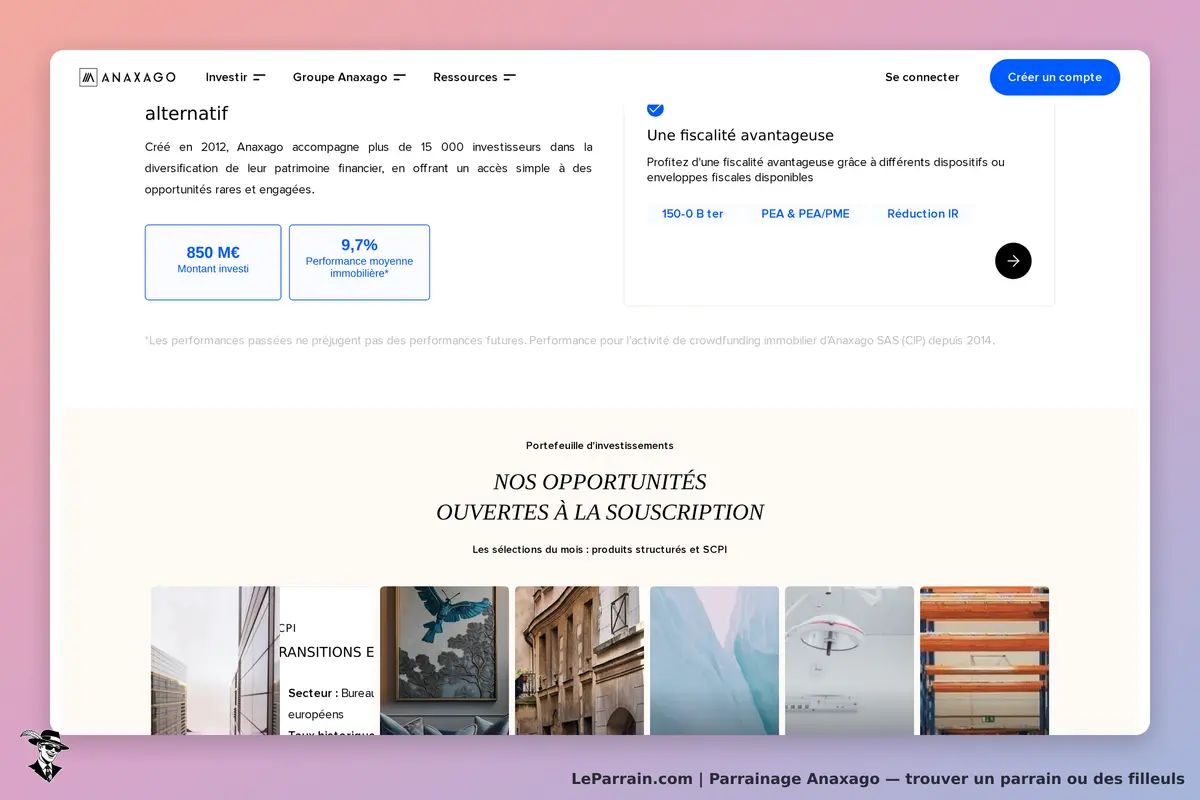 Interface du site Anaxago présentant des opportunités d'investissement et fiscalité avantageuse.