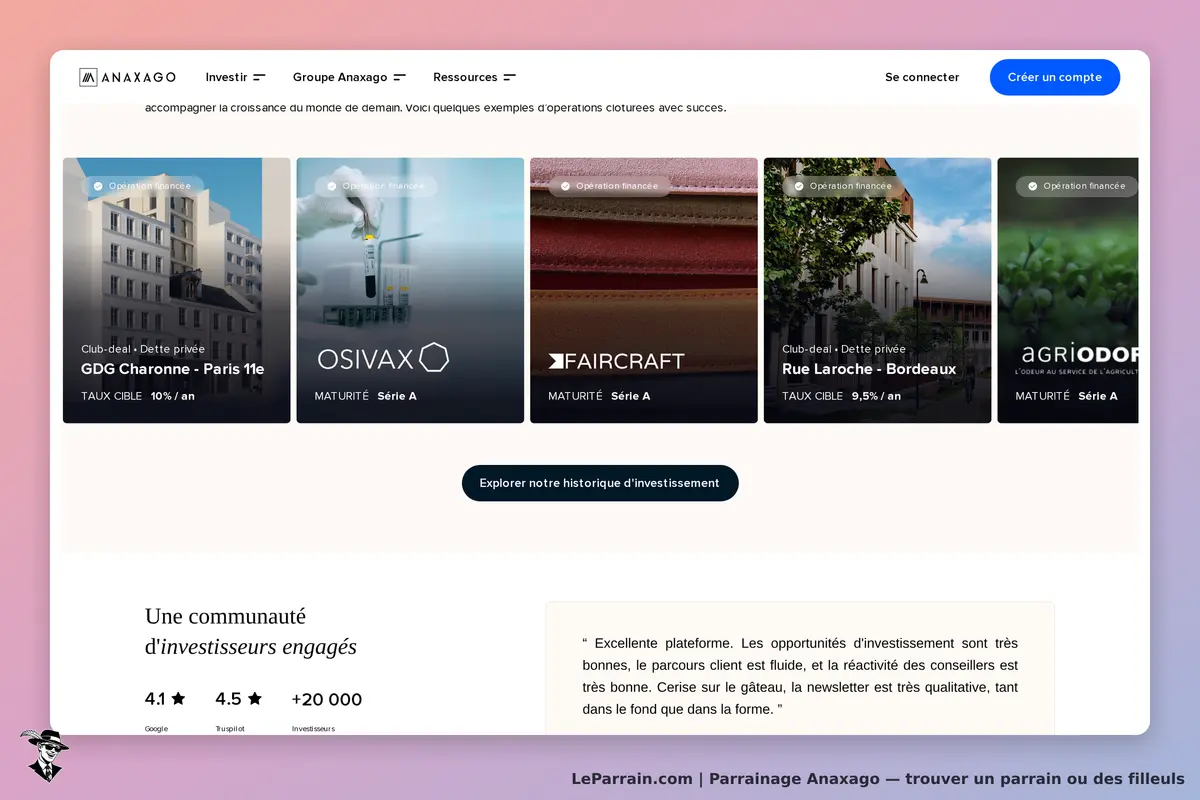 Capture d'écran du site Anaxago présentant des options d'investissement.