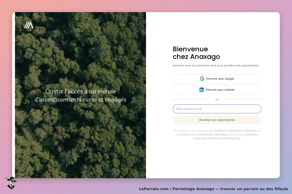 Page d'accueil Anaxago avec inscription pour des investissements engagés.