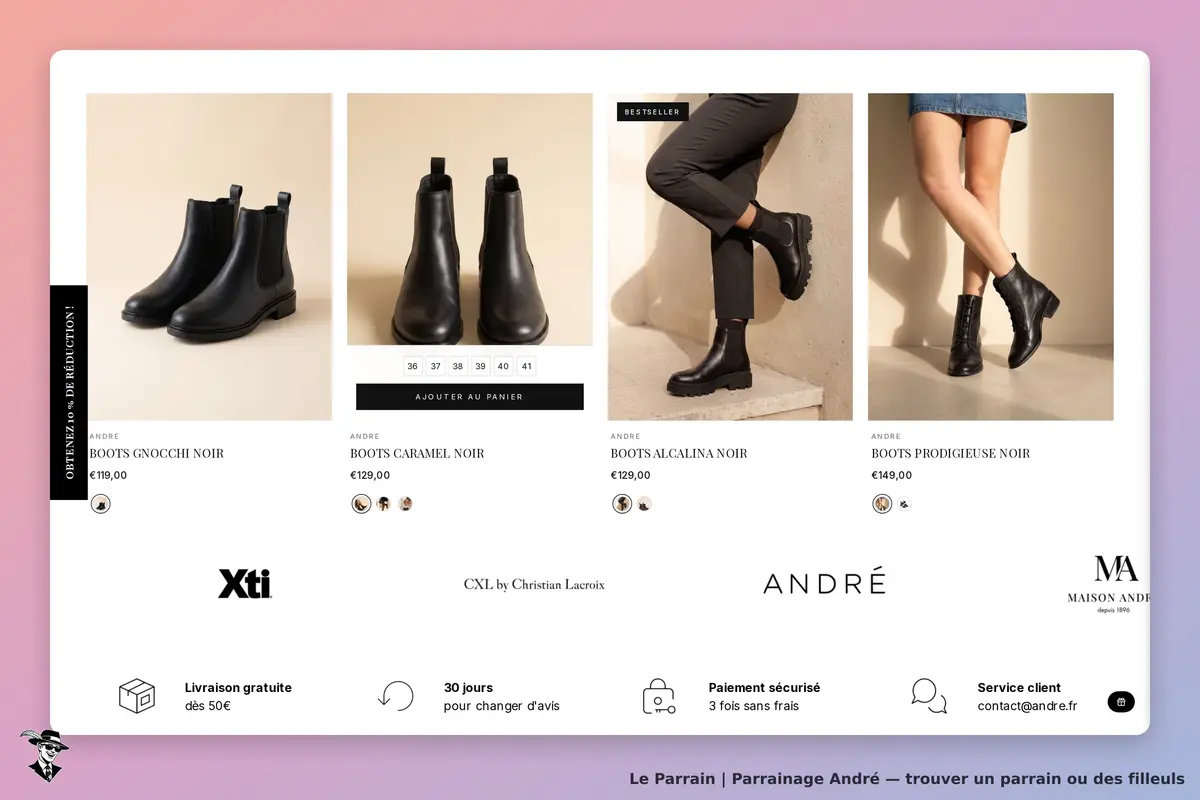 André : quatre modèles de bottes noires avec options de taille et bouton d'ajout au panier