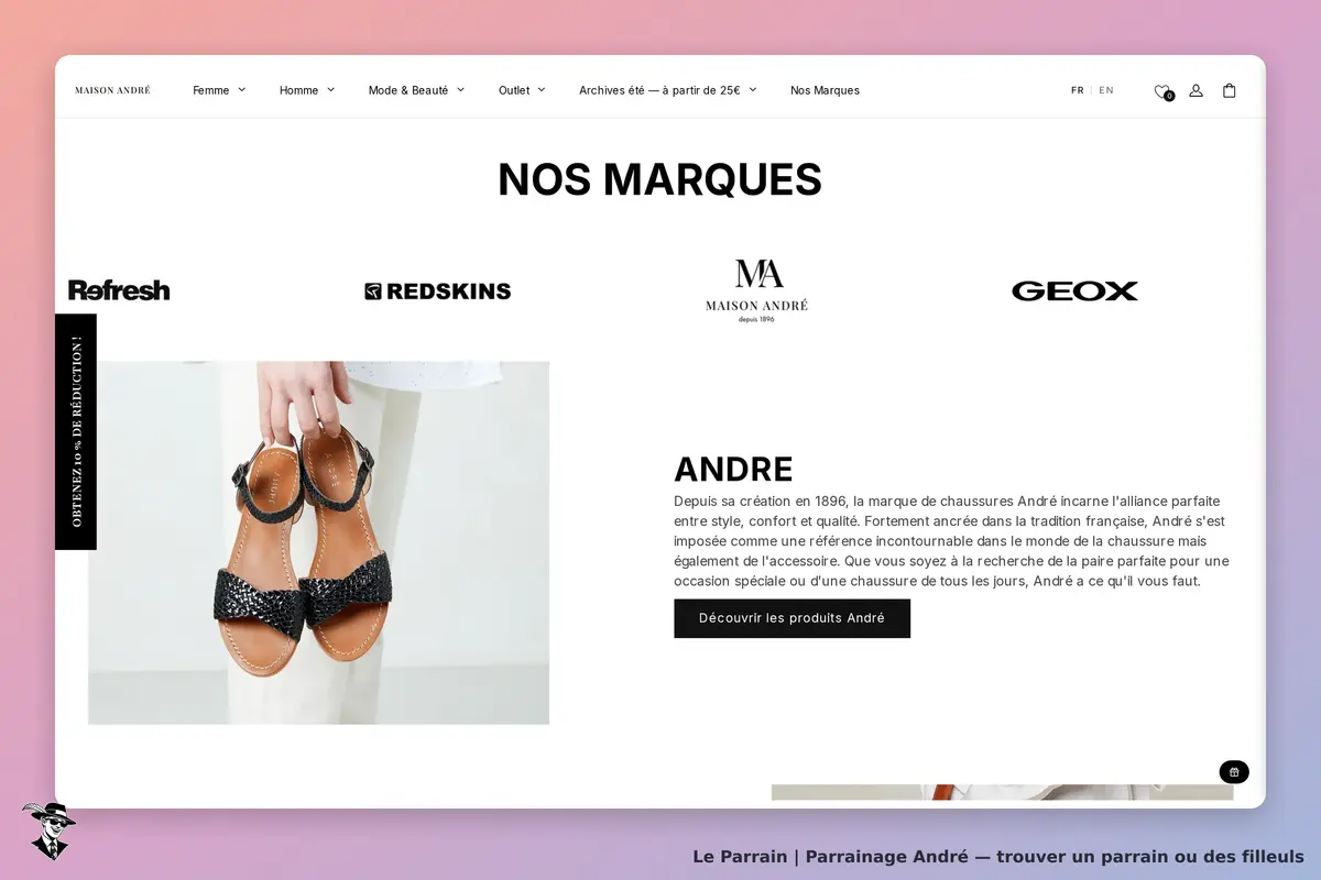 André : page présentant la marque avec des sandales noires en premier plan