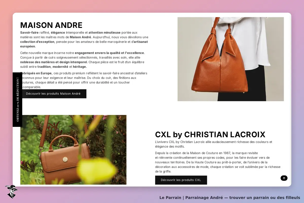 André : présentation de la marque avec des sacs en cuir et un texte sur l'artisanat européen