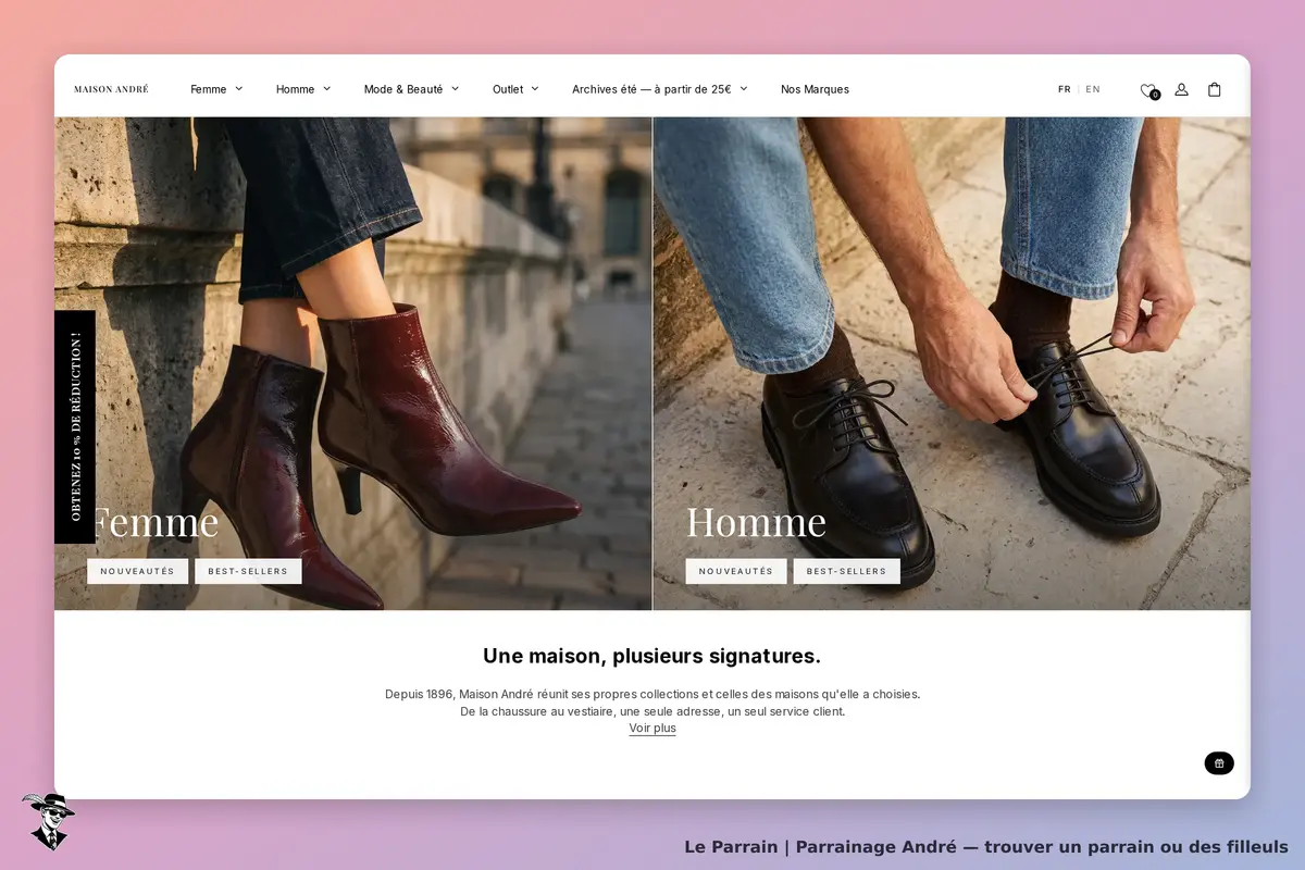 André : vue d'accueil avec des chaussures pour femmes et hommes, texte descriptif en bas