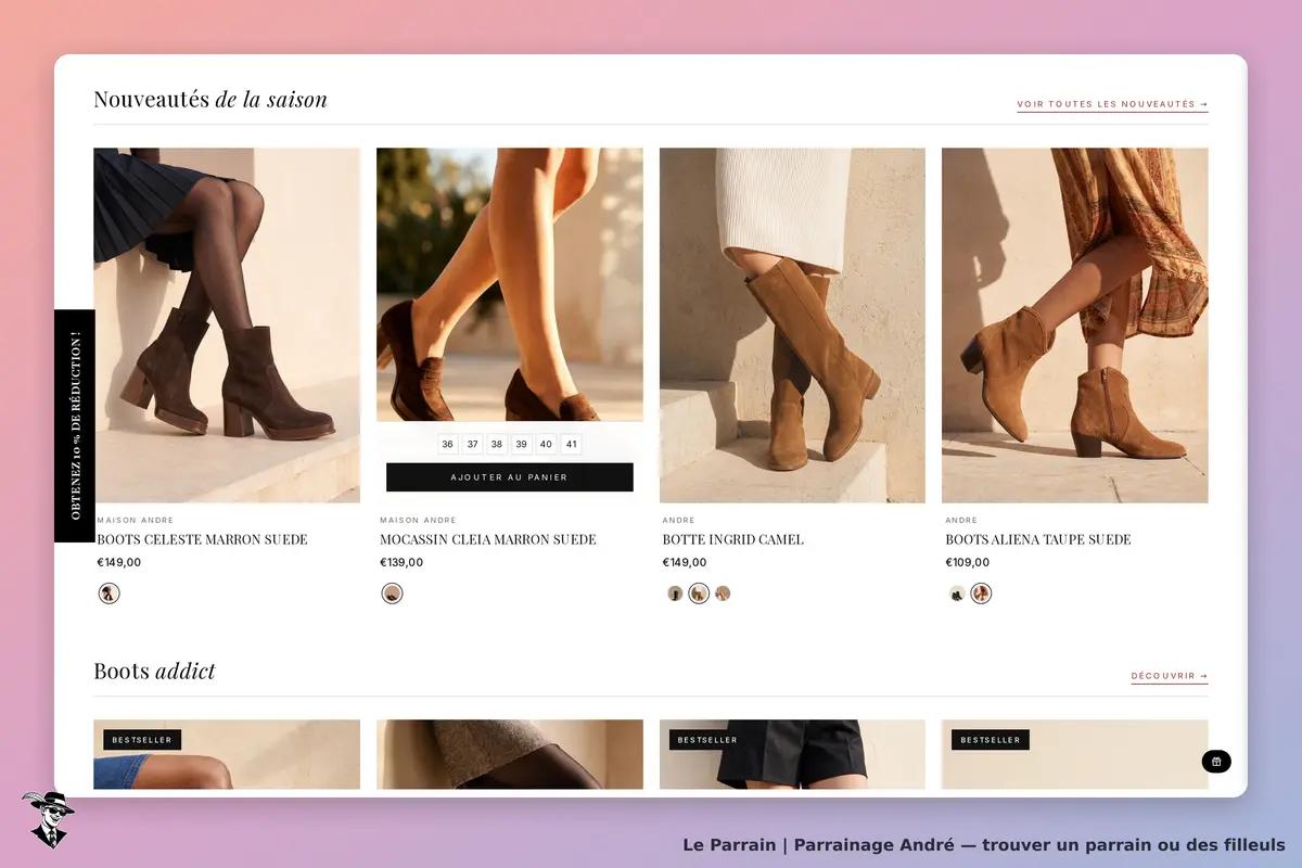 André : nouveautés de la saison avec des chaussures affichées sur la page d'accueil