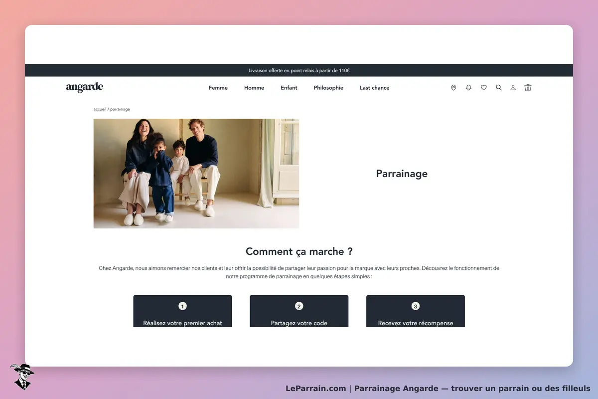 Angarde : page d'accueil avec une section sur le parrainage et une image de famille