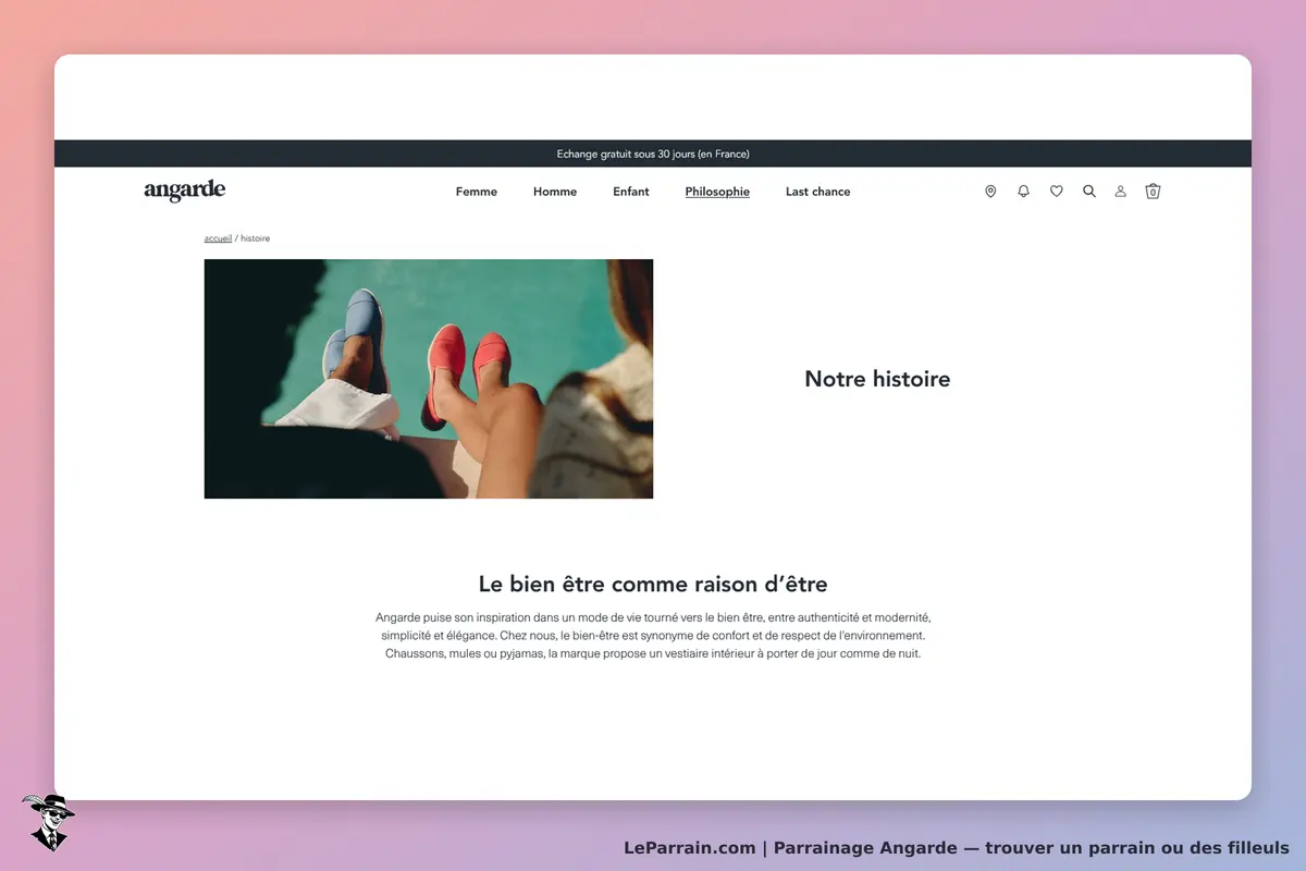 Angarde : page d'accueil présentant des chaussures colorées et un texte sur leur philosophie