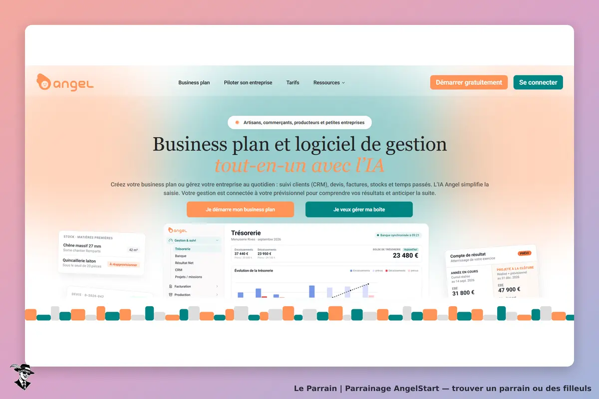 AngelStart : page d'accueil présentant un logiciel de gestion et un business plan avec graphiques
