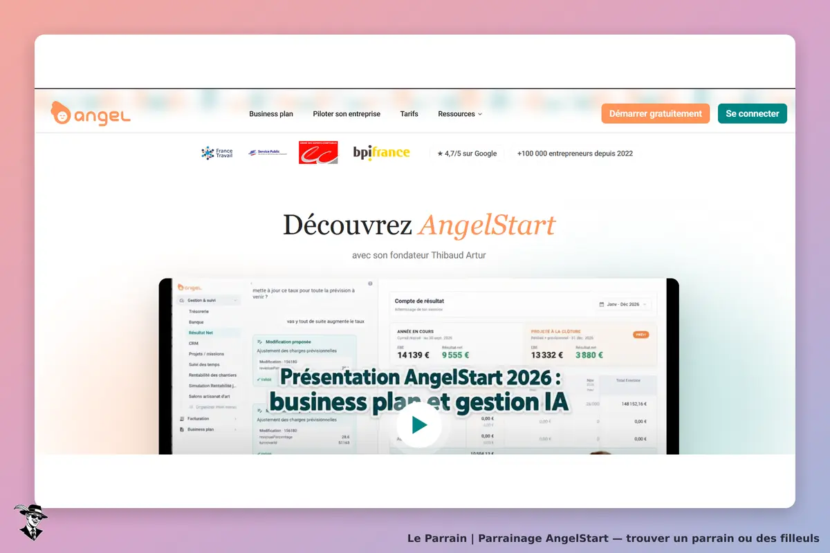 AngelStart : page d'accueil présentant un outil de gestion avec un aperçu de fonctionnalités