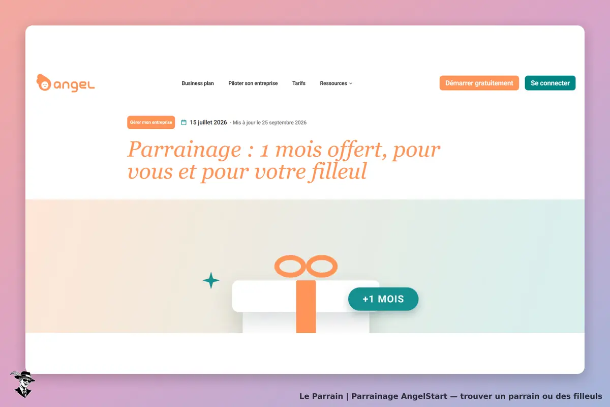AngelStart : page d'accueil avec un message sur le parrainage et une illustration de cadeau