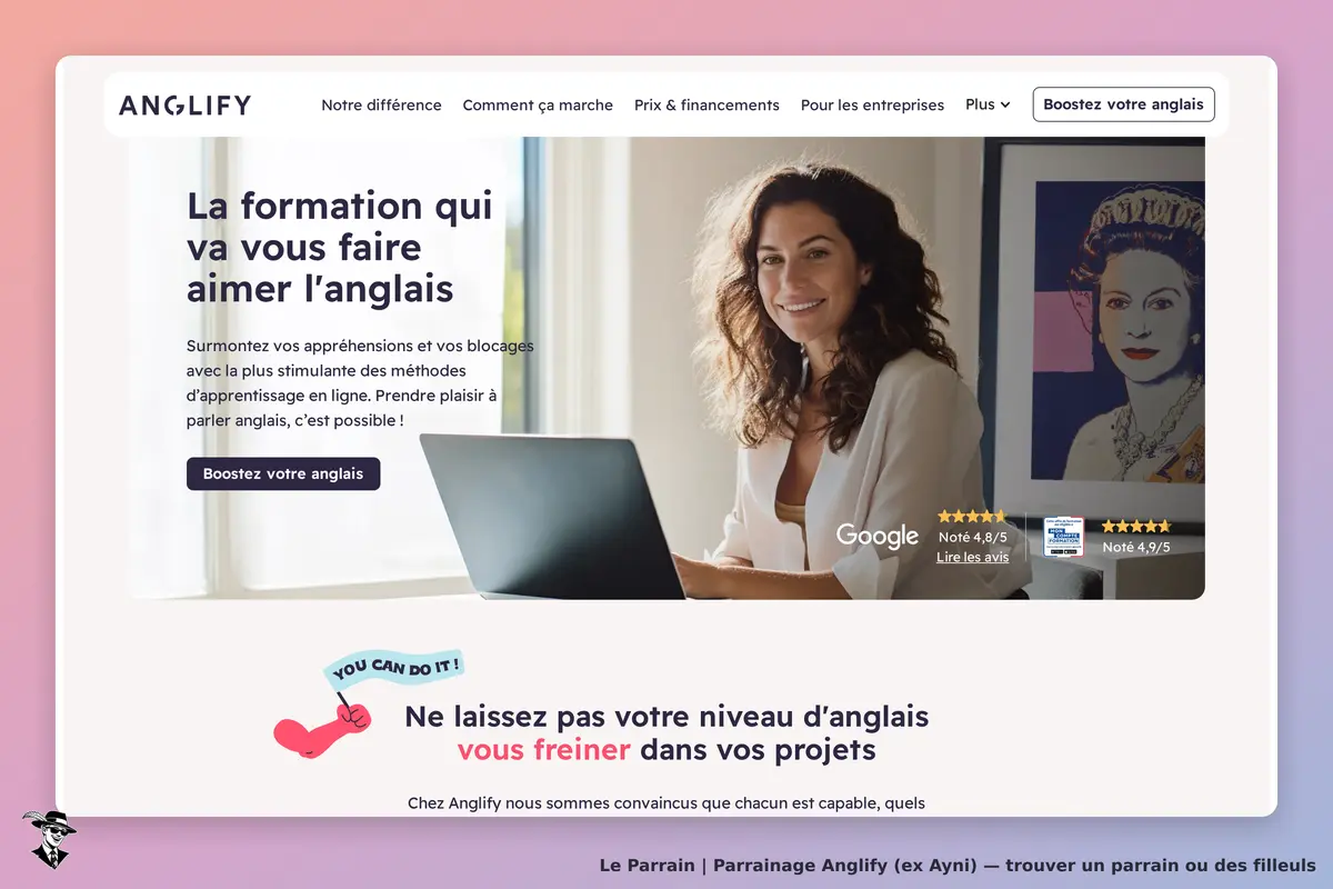 Anglify (ex Ayni) : anglify : page d'accueil présentant une femme souriante devant un ordinateur