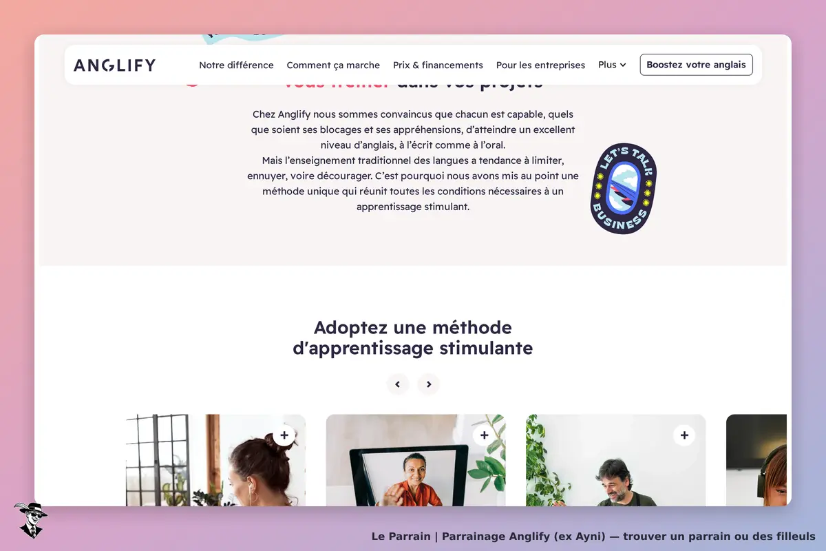 Anglify (ex Ayni) : anglify : page d'accueil avec texte sur l'apprentissage et images de personnes