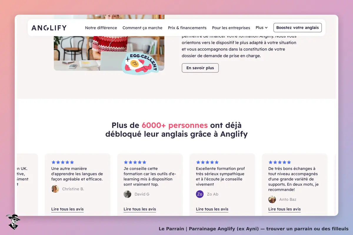 Anglify (ex Ayni) : anglify : page d'accueil présentant des avis d'utilisateurs sur le service