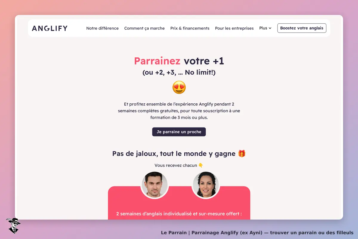 Anglify (ex Ayni) : anglify : page d'accueil avec invitation au parrainage et images de deux