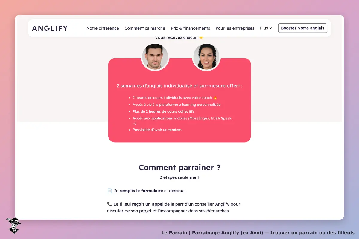 Anglify (ex Ayni) : anglify : section sur l'offre d'anglais et formulaire de parrainage en bas de