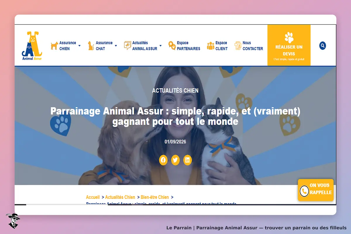 Animal Assur : page d'accueil avec un chien et un chat, et un message sur le parrainage