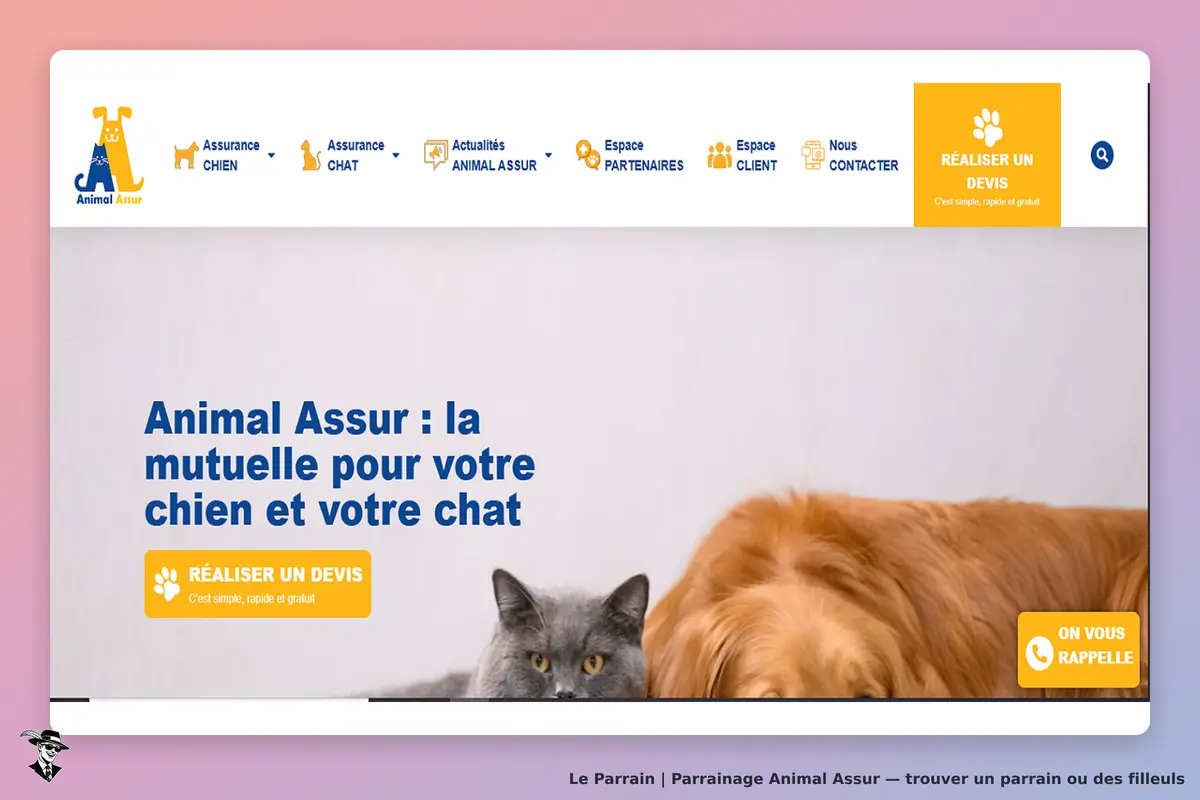 Animal Assur : page d'accueil avec un chat et un chien, bouton pour réaliser un devis