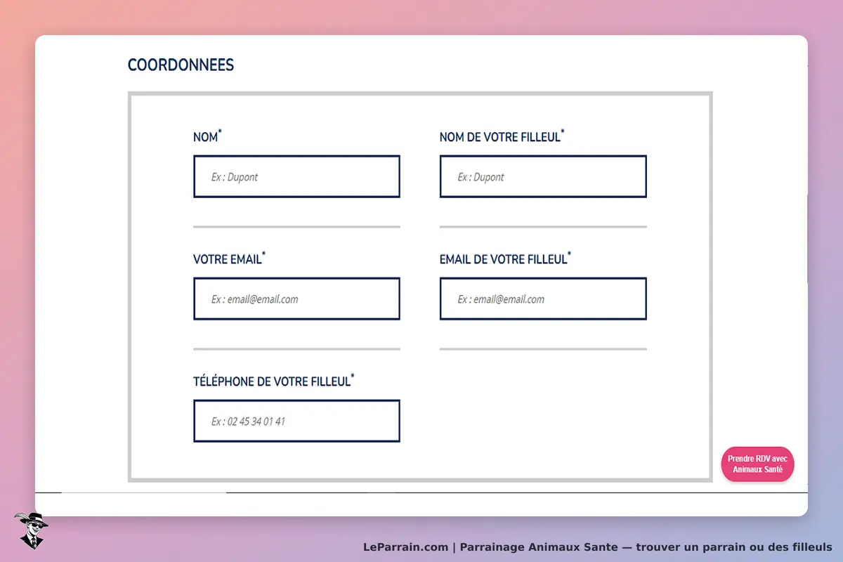 Animaux Sante : animaux Santé : formulaire de coordonnées avec champs pour nom, email et téléphone
