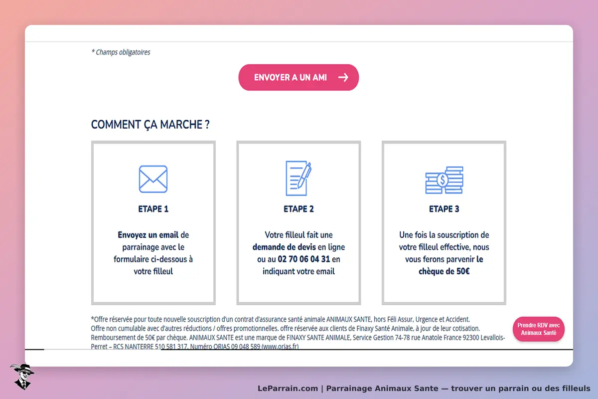 Animaux Sante : animaux Santé : étapes du parrainage avec icônes et bouton pour envoyer à un ami