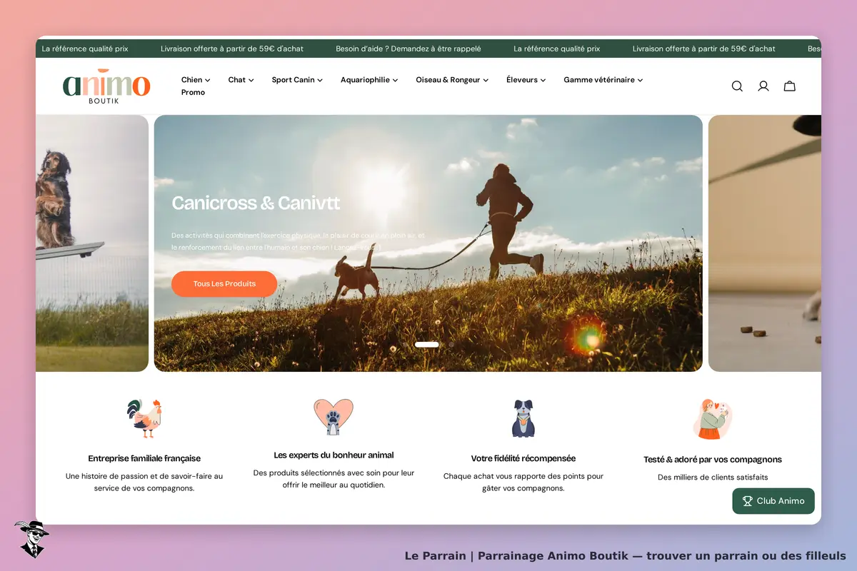Animo Boutik : page d'accueil avec images de chiens et informations sur le canicross