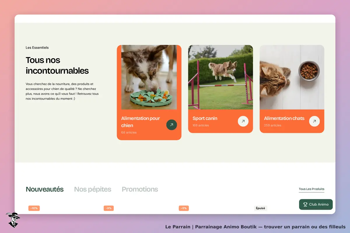 Animo Boutik : page d'accueil avec catégories d'alimentation et sport pour animaux