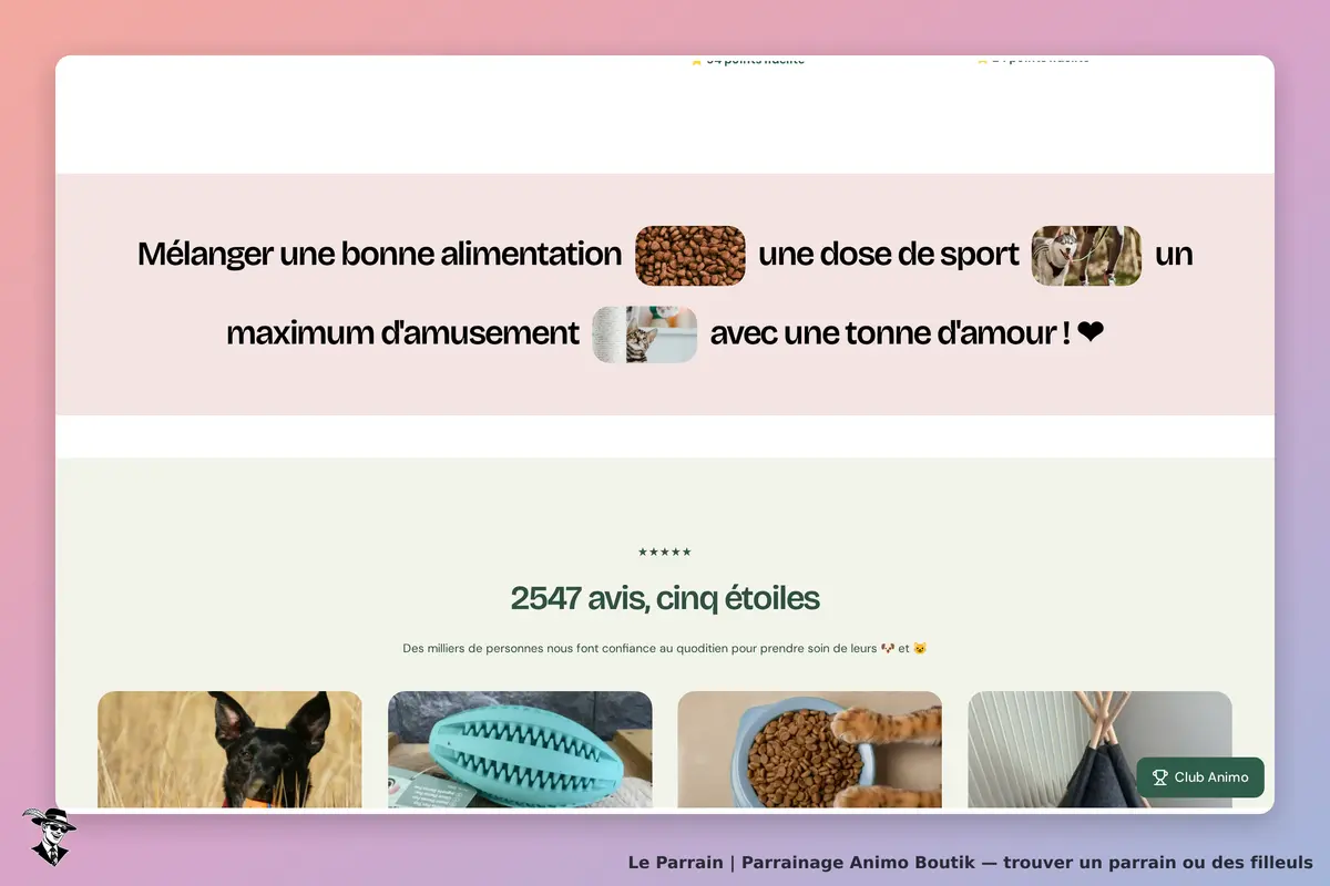 Animo Boutik : message sur l'alimentation et le bien-être des animaux, avis et produits affichés