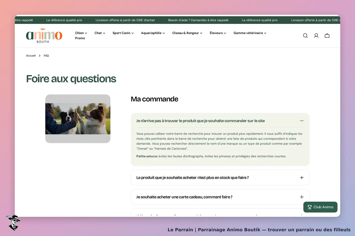 Animo Boutik : page FAQ avec questions sur les commandes et image de chiens en interaction