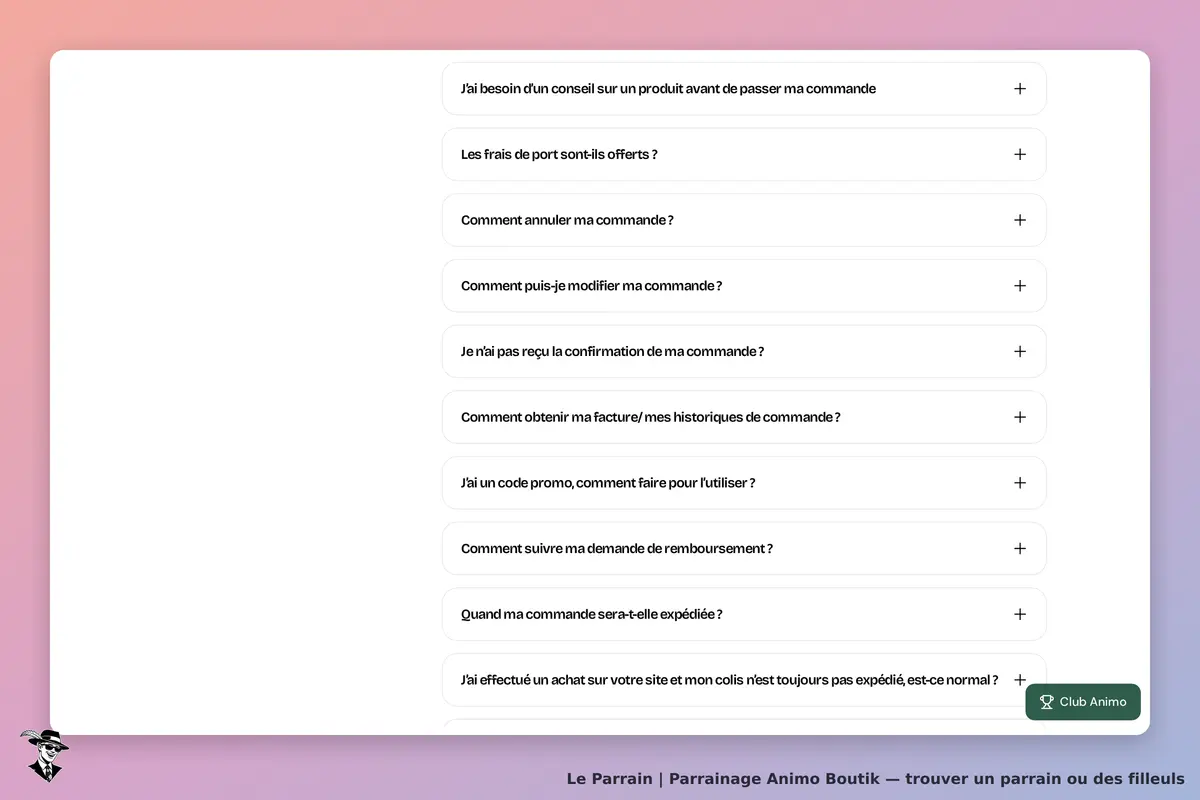 Animo Boutik : section FAQ avec questions sur les commandes et un bouton pour le club Animo