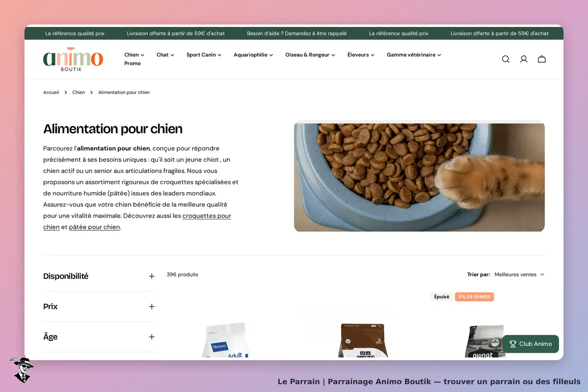 Animo Boutik : page d'accueil de la catégorie alimentation pour chien avec croquettes en vue