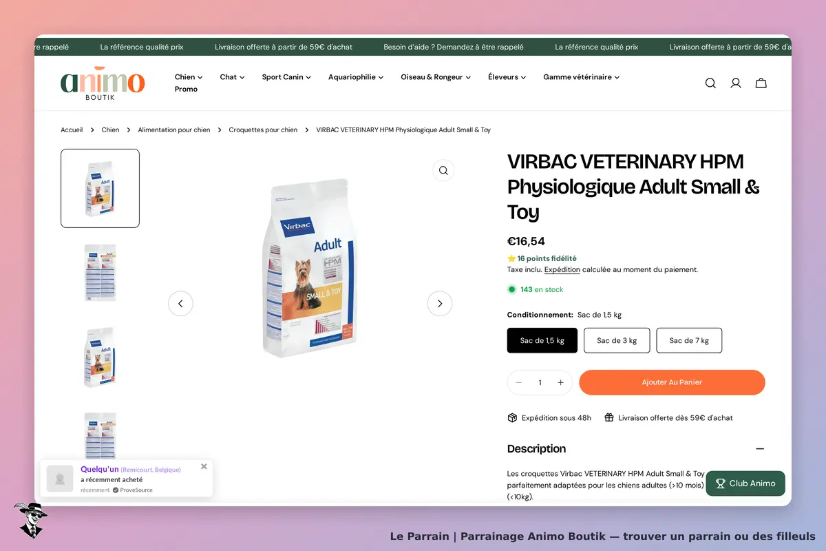 Animo Boutik : page produit pour croquettes Virbac HPM Adult Small & Toy avec options d'achat